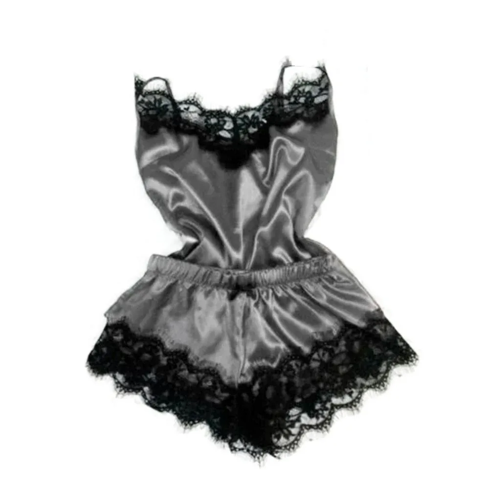 

Fashion Bowknot Lace Pajama Suit Sleeveless Satin Ice Silk Two Pieces Nightwear Loose V-Neck Lace Sleepwear Sets Summer