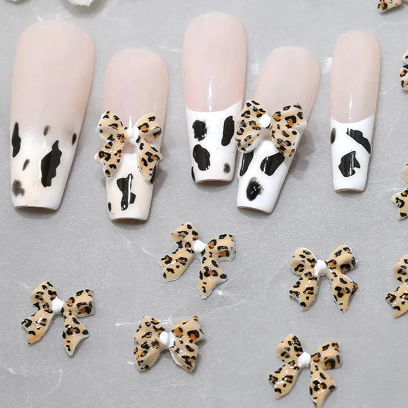 20 piezas con estampado de leopardo, lazo de cinta, abalorios de resina para uñas, accesorios de estilo de lazo Kawaii para suministros de diseño artístico de uñas DIY