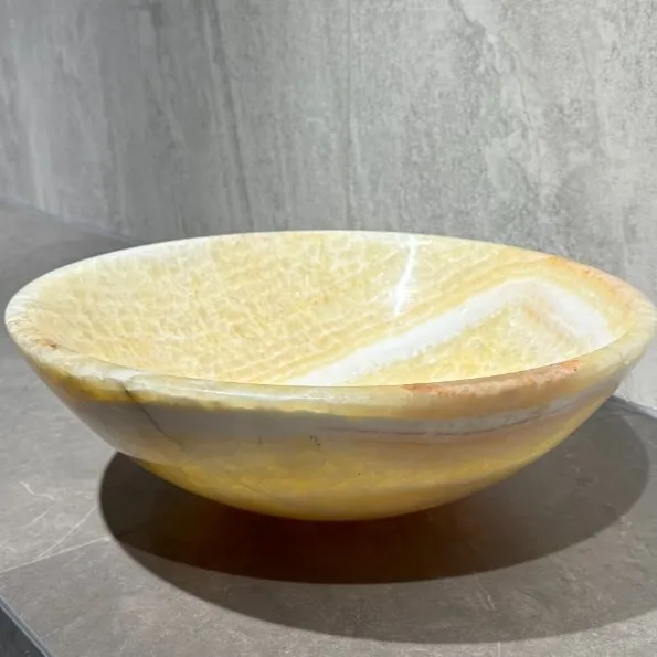#￥Natural Honey Onyx Round Vessel Sink Polished Yellow Onyx Modern Easy Clean Bathroom Living Room Hand Wash Basin Stone Sink