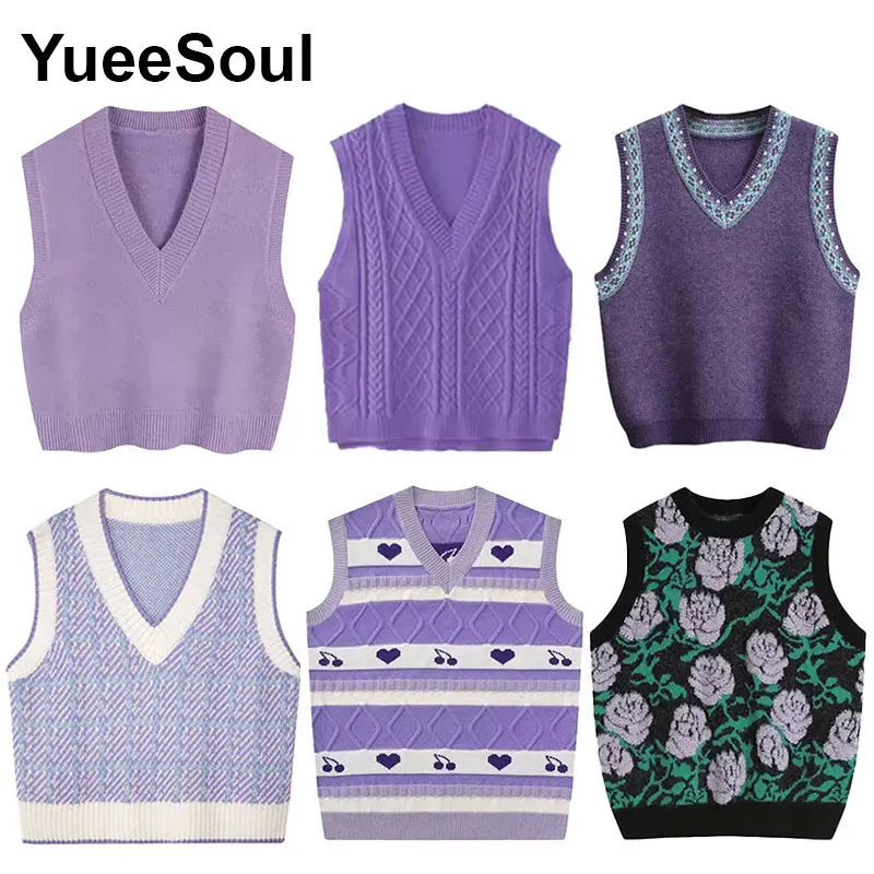 

Purple Sweater Vest Sleeveless Pullover Loose Knitted Waistcoat 2025 New Y2K Casual High Street Women Women's Vests Knitwear