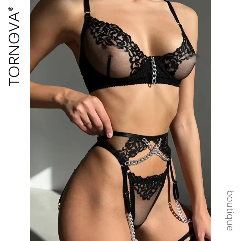 

Комплект из 4 предметов Tornova, сексуальное женское белье, металлическая цепочка, вышитый принт, перспективное сексуальное нижнее белье с вырезами, комплект с подвязками, горячее нижнее белье