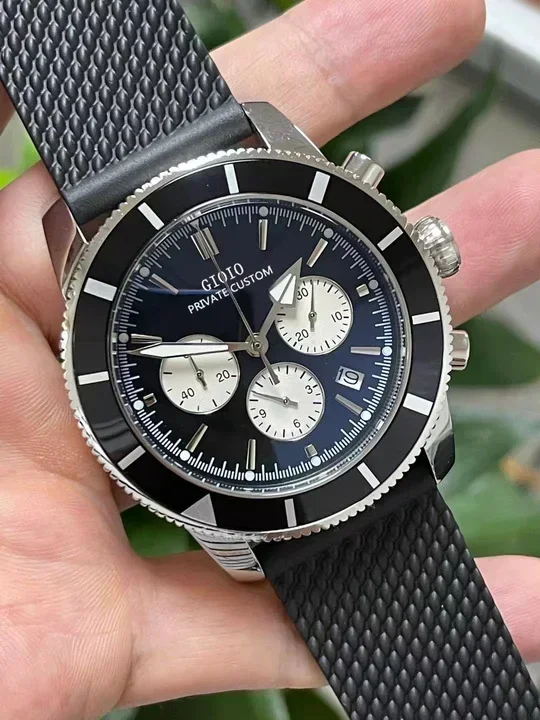 Luxury Mens Quartz Chronograph Watch Black Blue Leather Rubber Stopwatch Stainless Steel Luminous Sapphire Calendar