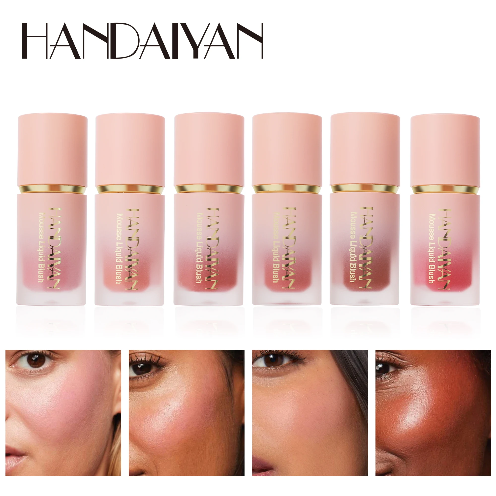 HANDAIYAN-brocha de esponja para colorete líquido con purpurina mate de 6 sombras, mezclas de larga duración, colorete Rosa femenino, colorete de alta pigmentación