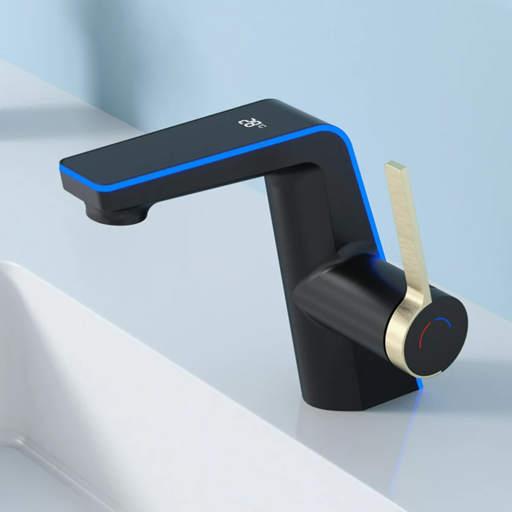 

Цифровой дисплей температуры, смеситель для раковины, светодиодная подсветка, 2 режима, распылитель, горячая и холодная вода, смеситель для раковины, одно отверстие для ванной комнаты