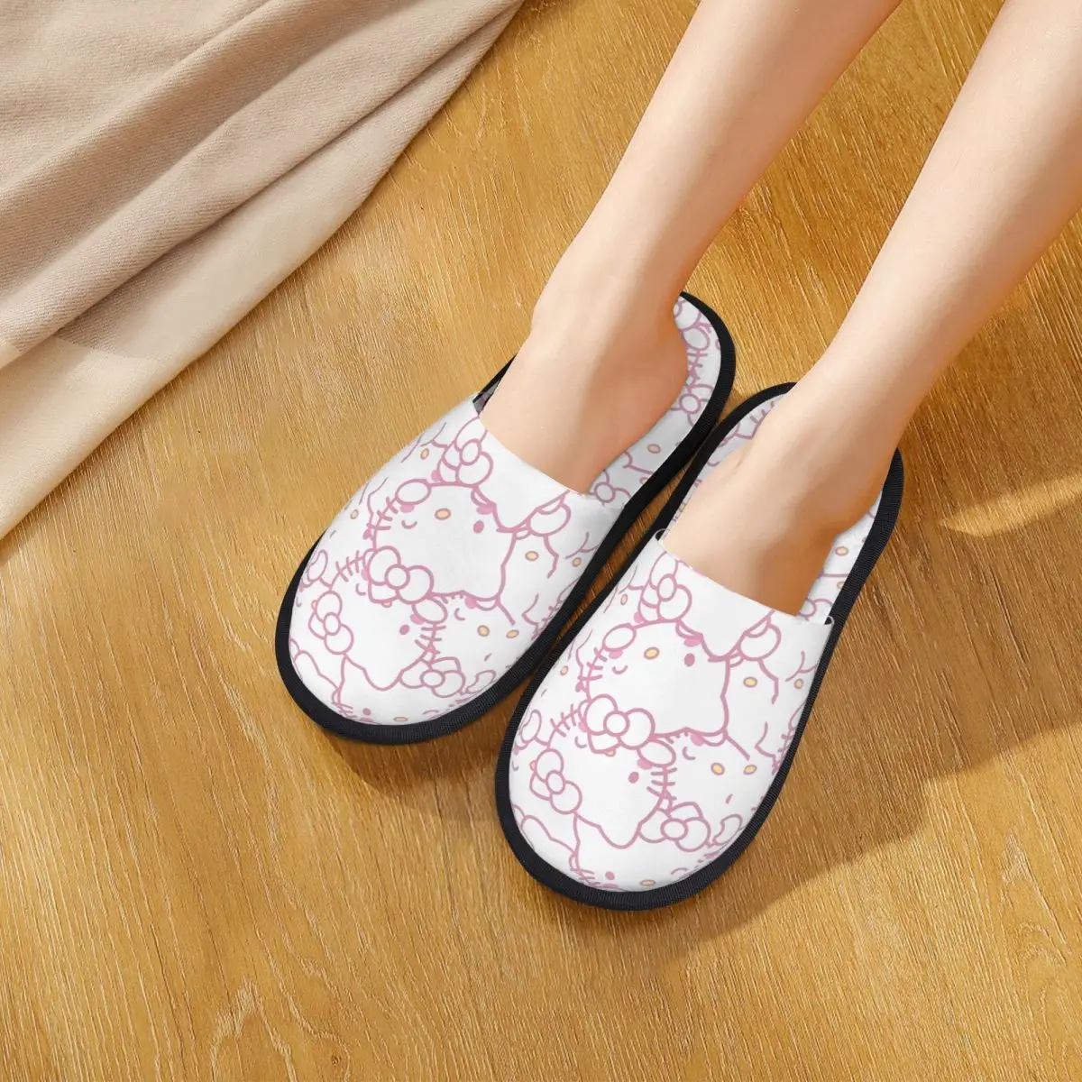 Hello Kitty Pattern Plush Slippers Indoor Cozy Household Fur Slippers Slides Anti Slip