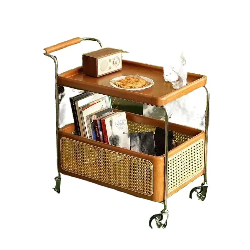 Nordic solid wood edge few black walnut storage trolley living room sofa rattan storage side cabinet