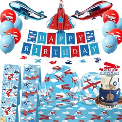 Airplane Aviator Party Decor Disposable Tableware Paper Bags Balloons Banner for Boys Kids Flight Birthday Baby Shower Supplies