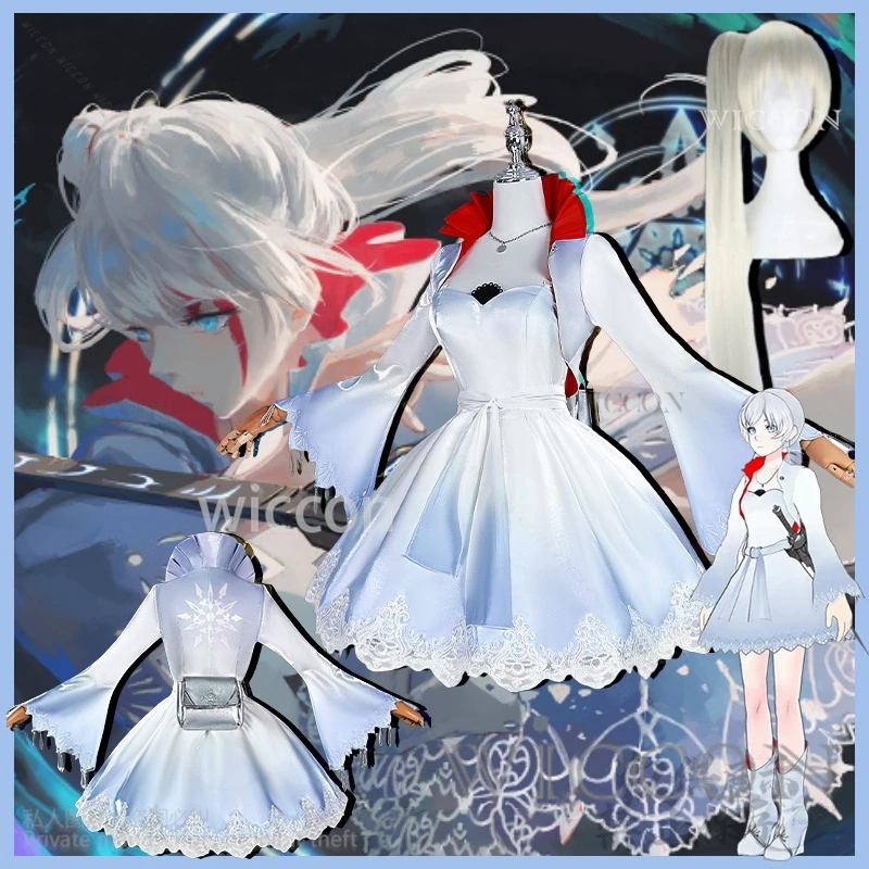 

Weiss Schnee Cosplay RWBY Anime Costume White To Blue Gradient Elegance Dress Lace Lolita Ponytail Wig Jirai Kei Girls Halloween