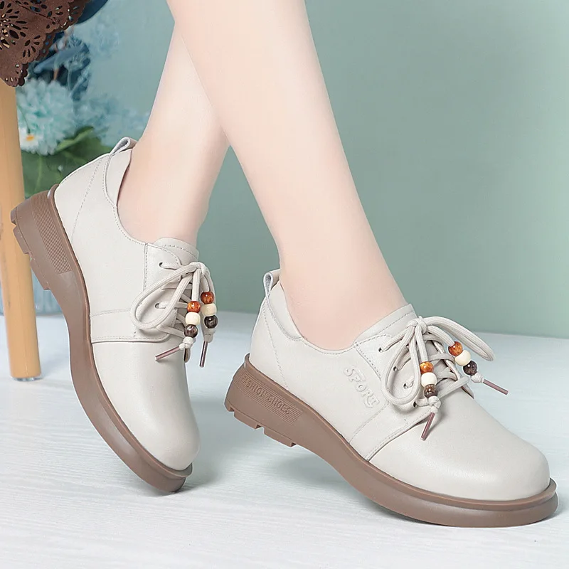 

Top Quality Breathable Comfortable Genuine Leather Shoes Flats 2026 Spring Women's Square Heels Shoes Oxfords Office Mom Work