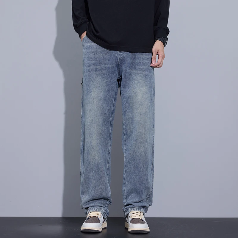 2024 New Korean Fashion Men's Baggy Jeans Classic All-match Solid Color Straight-leg Denim Wide-leg Pants Male Blue