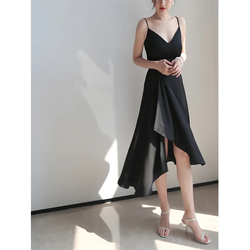 Sukienka damska długa, satynowa, bez rękawów, asymetryczna, w kształcie litery A, na ramiączkach, wysokiej jakości, w jednolitym kolorze, idealna na imprezę, vestidos robe femme.