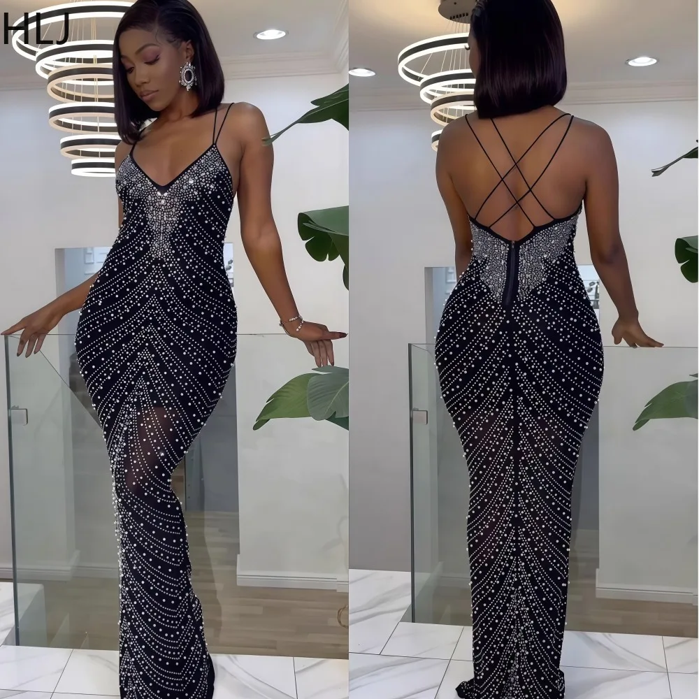 

HLJ Sexy See Through Bodycon Long Dresses Women Spaghetti Strap Rhinestones Patchwork Backless Dress Female Streetwear Vestidos