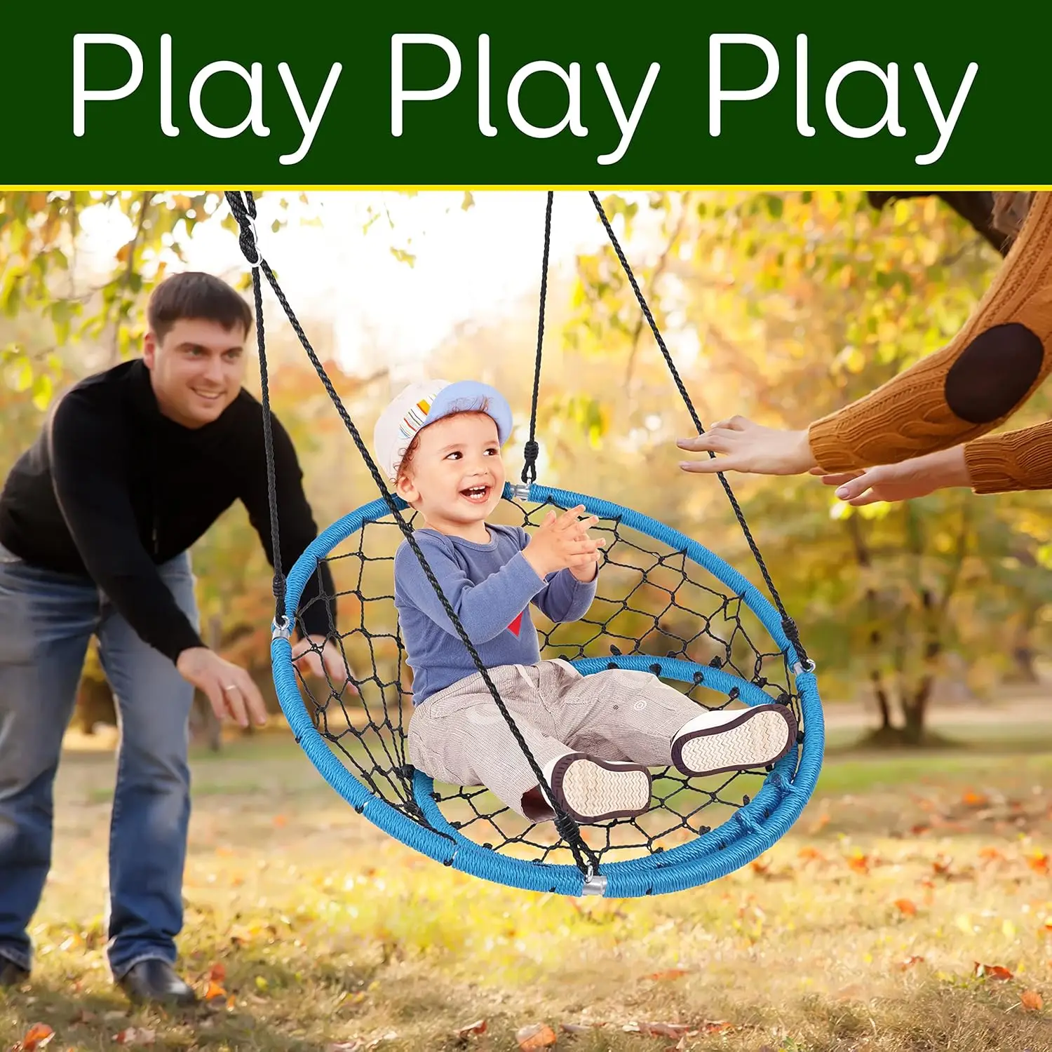 Outdoor Yard Round Circle Saucer Swing for Trees or Swing Sets - All Season UV Resistant Rope Net Swing