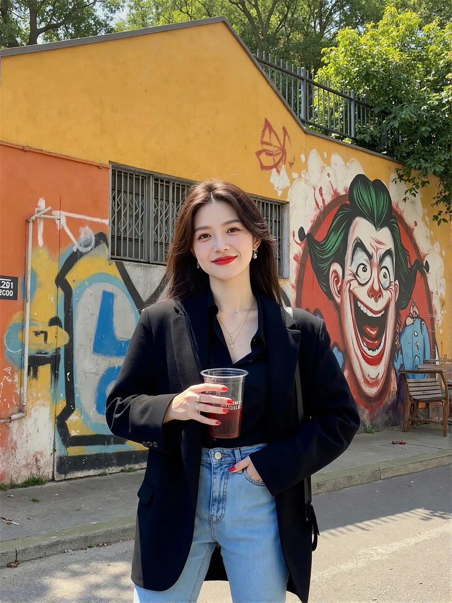 

Women'S Modern Blazers Black White Turn-Down Collar Chaqueta O Neck Color-Blocked Cuffs Holiday Solidcolor Sleevebuttons Evening