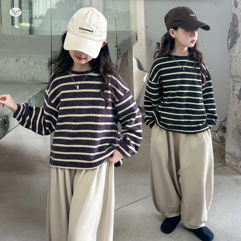 ملابس الفتيات لخريف وشتاء 2025 مع قلنسوة مخططة بأكمام طويلة تي شيرت فستان مراهق للأطفال فضفاض 4 6 7 8 9 10 11 12 سنة