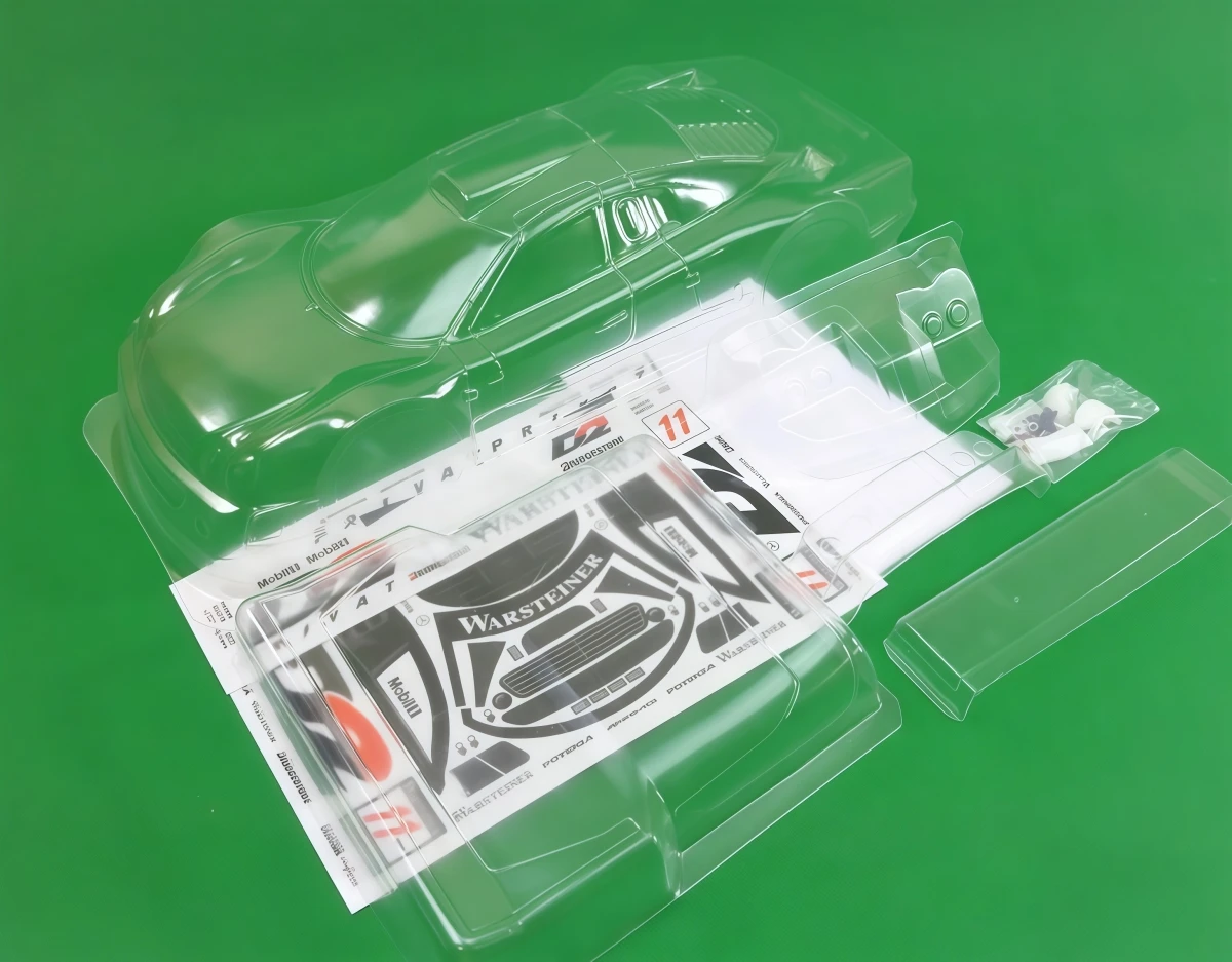 1/10 CLK GTR Clear PC Body Shell 190mm Width 258mm WB with Light Buckles, 3D Wing Mount, Mirrors & Dual Rear Wings and Decals
