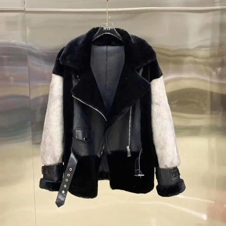 Abrigo de mujer, abrigos de piel sintética, chaquetas de motociclista, cinturón, bolsillo, cuello vuelto, mangas largas, cremallera, ropa informal suelta, Otoño Invierno 2025