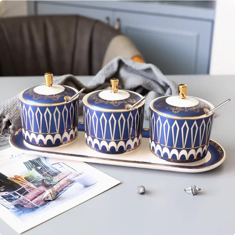 Light Luxury Ceramic Spice Organizer Rack Jars with Lid Sugar Bowl Salt Shaker Seasoning Jar Nordic Kitchen Cereal Dispenser