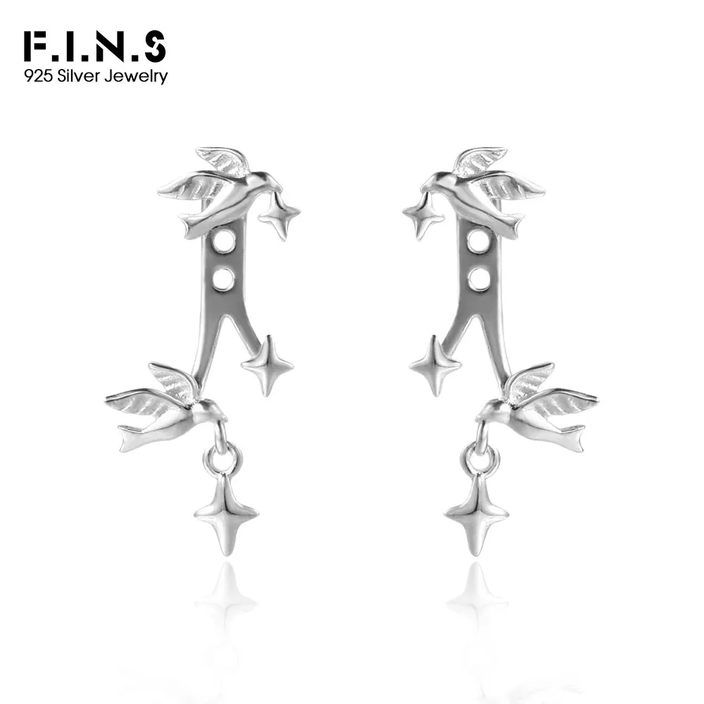 

F.I.N.S Original Bird and Star S925 Sterling Silver Stud Earrings Minimalist Design Front and Back Piercing Ear Fine Jewelry