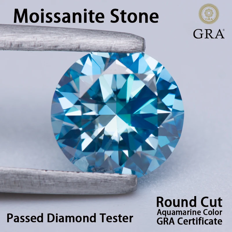 Moissanite Stone Round Cut Aquamarine Color VVS1 for DIY Jewelry Making Main Materials Passed Diamond Tester Certificate