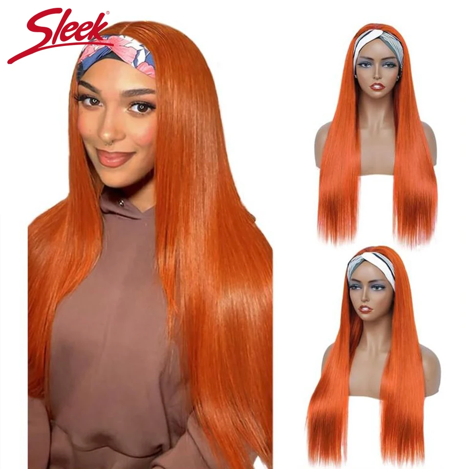 

Парик с повязкой на голову, прямые парики из натуральных волос, рыжий, оранжевый, осенне-коричневый, 1B/30, полный машинный парик, бесклеевой, плотность 180%