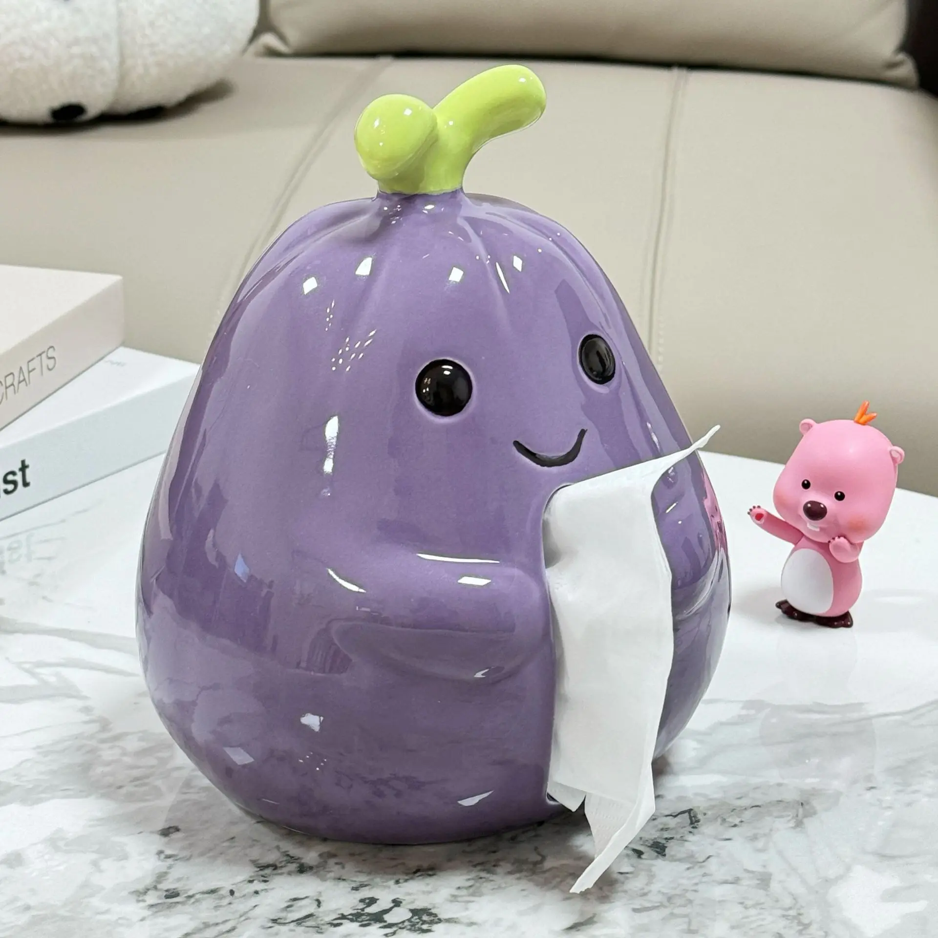 

Cute Eggplant Ceramic Tissue Box Creative Cartoon Napkin Paper Box Desktop Removable Tissue Boxes Home Storage Container