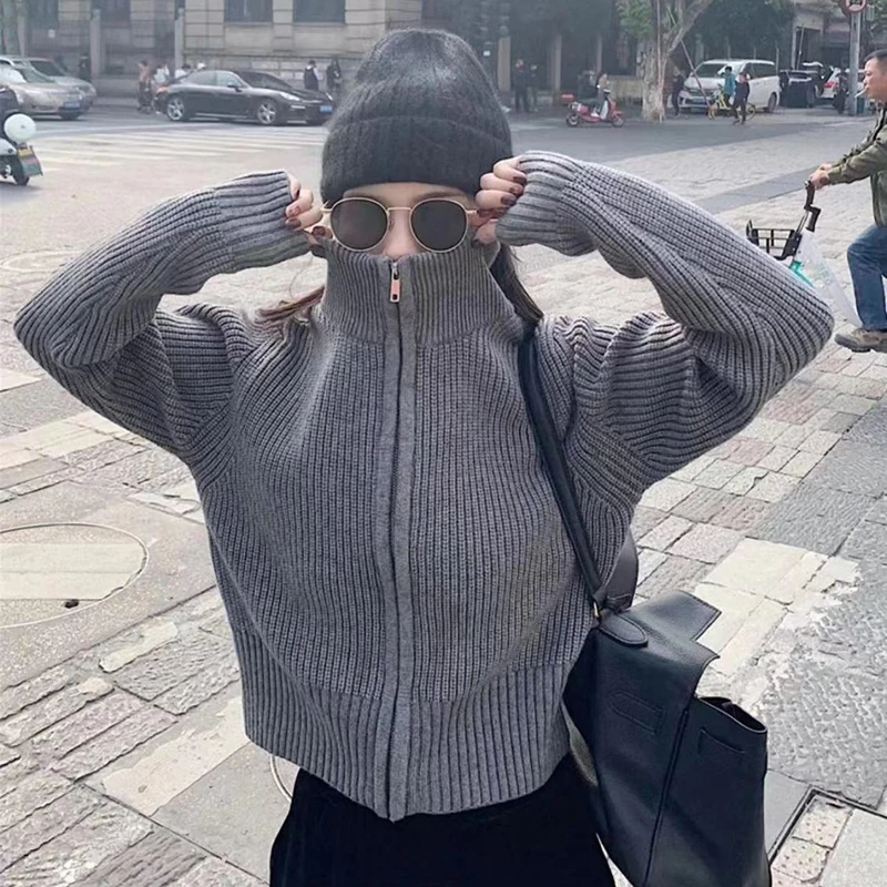 Solid Vintage ถักเสื้อสเวตเตอร์ถักผู้หญิงซิปหลวมสบายๆลมขี้เกียจฤดูใบไม้ร่วงฤดูหนาวเสื้อกันหนาวเกาหลีแขนยาวเสื้อใหม่