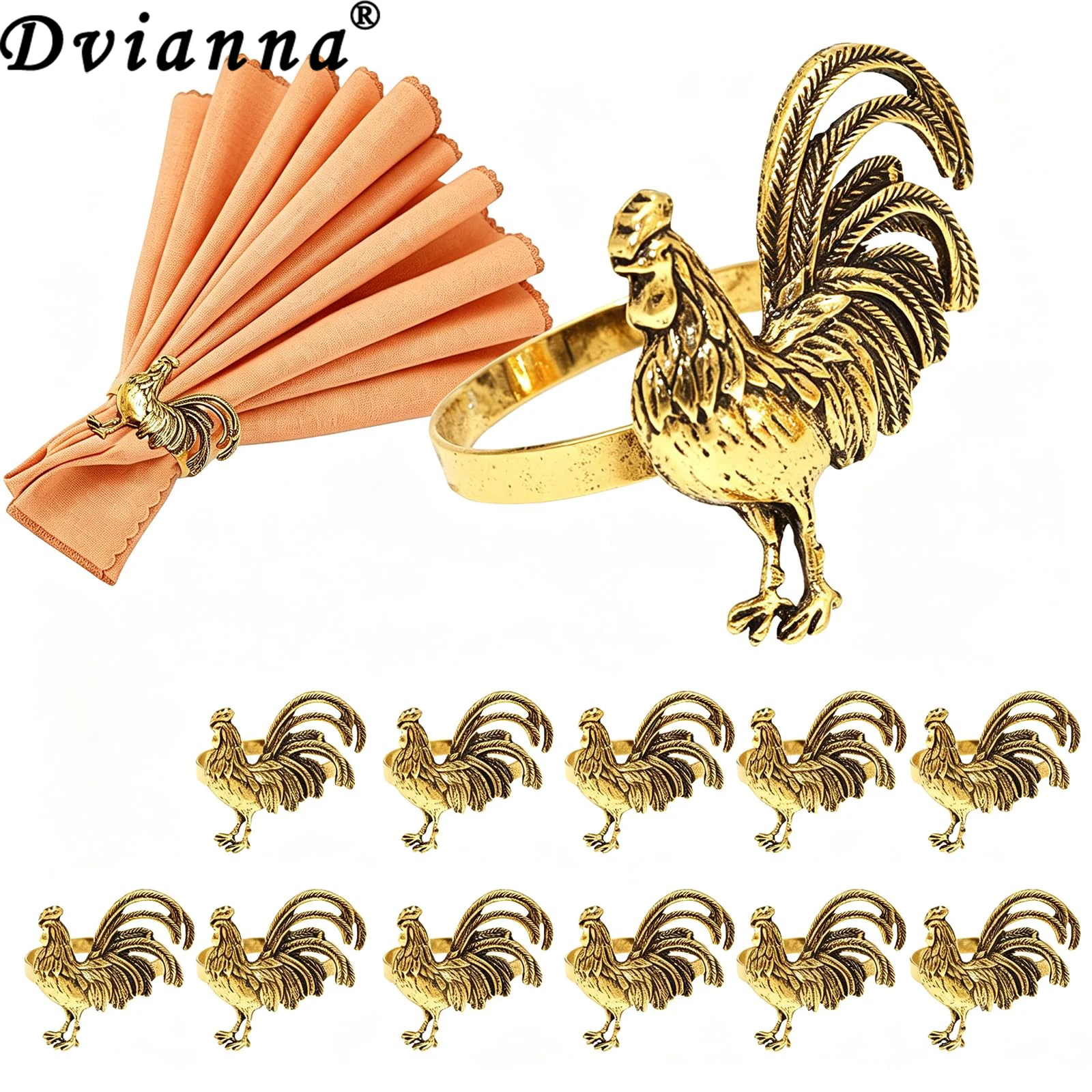 Dvianna Rooster Napkin Rings Metal Vintage Napkin Holders Set of 12 Farmhouse Thanksgiving Table Decorations