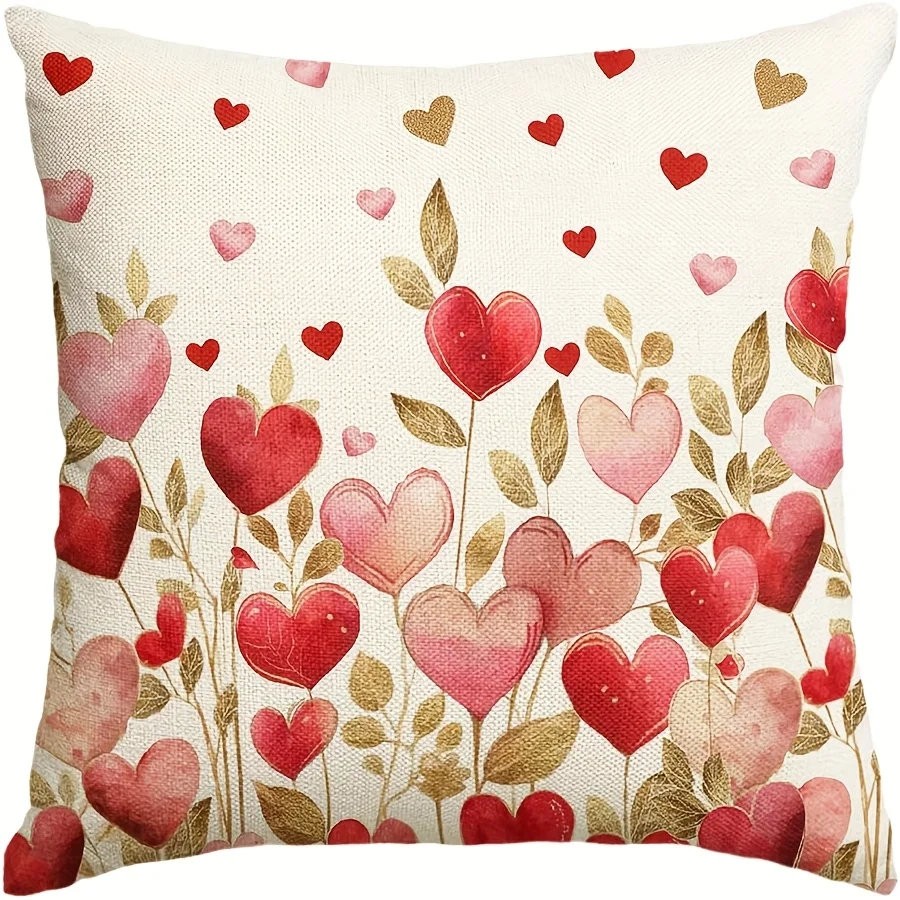 Red Pink Love Heart Golden Leaf Pillow Covers 18X18 Inch Cushion Pillowcase Washable Decorative Sofa Decor Linen No Pillow Core
