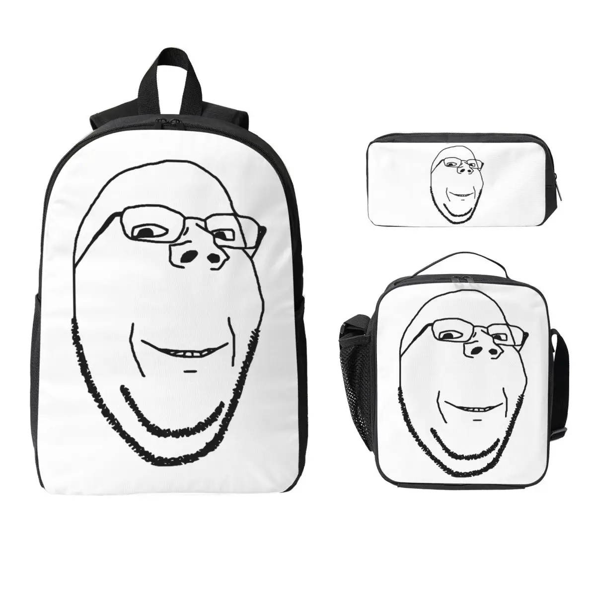 

Smiling Wholesome Wojak Soyjak Backpack Boys Girls BookBag School Bag Laptop Shoulder Bags 3ps Insulated Lunch Bag Pencil Case