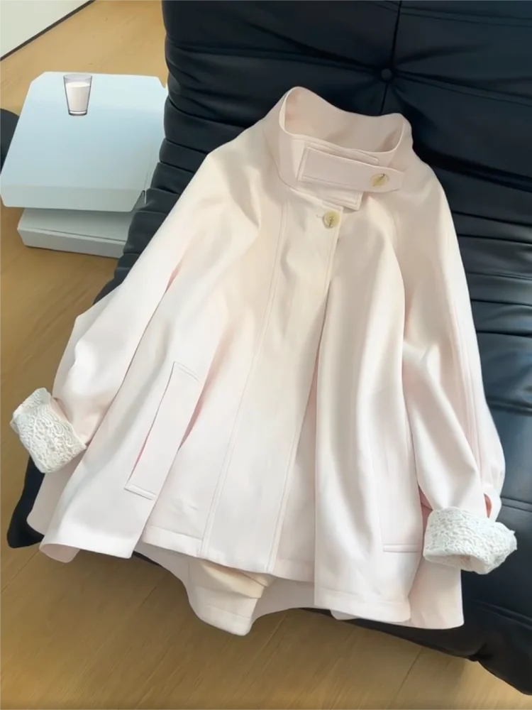 

Pink Sweet Lace Splice Windbreaker Jaet Women's Loose Sle Autumn New Design Casual Outerwear Long Sve Collar