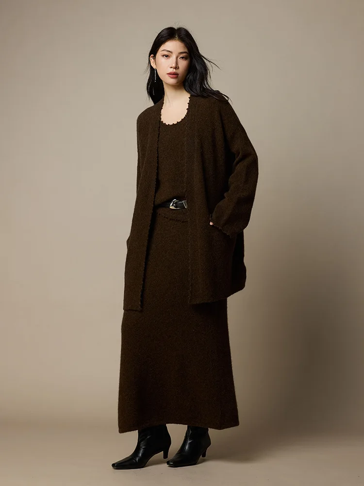 Birdtree, cárdigan de punto de mezcla de lana, chal elegante liso suelto para mujer, suéter de manga completa, abrigo informal de Otoño Invierno 2025 T5N201JF