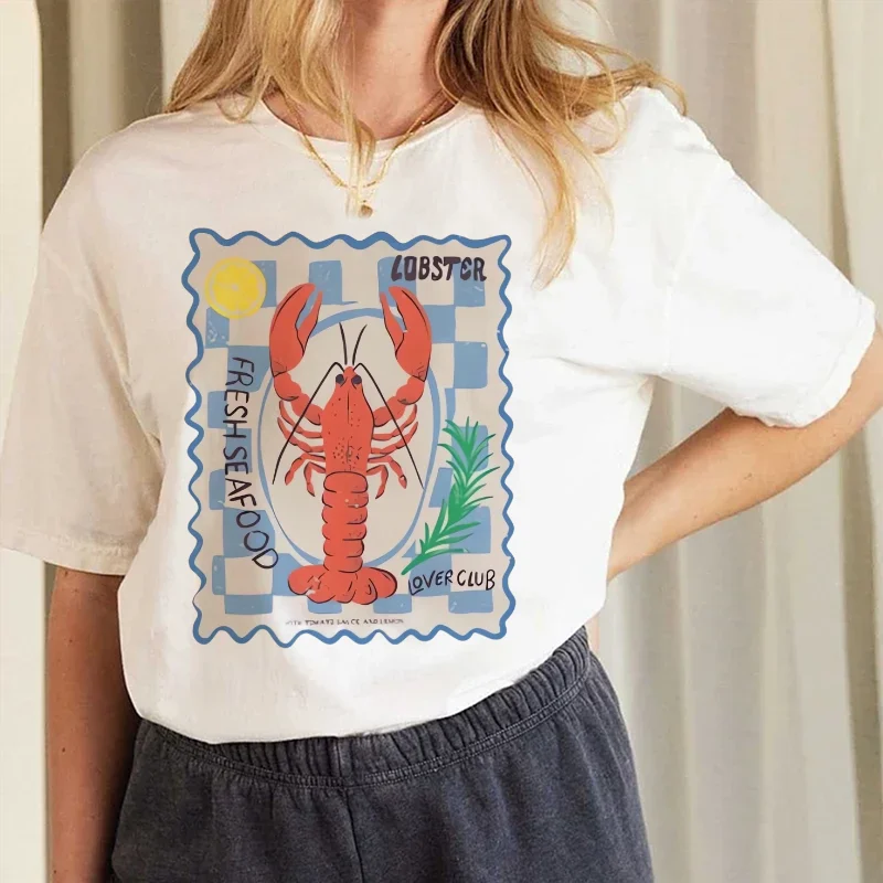 Beach Street Travel Women's Short Sleeved Casual O-Neck Summer 2025 Fashion Top Cute Crayfish Seafood Pattern Women's T-Shirt