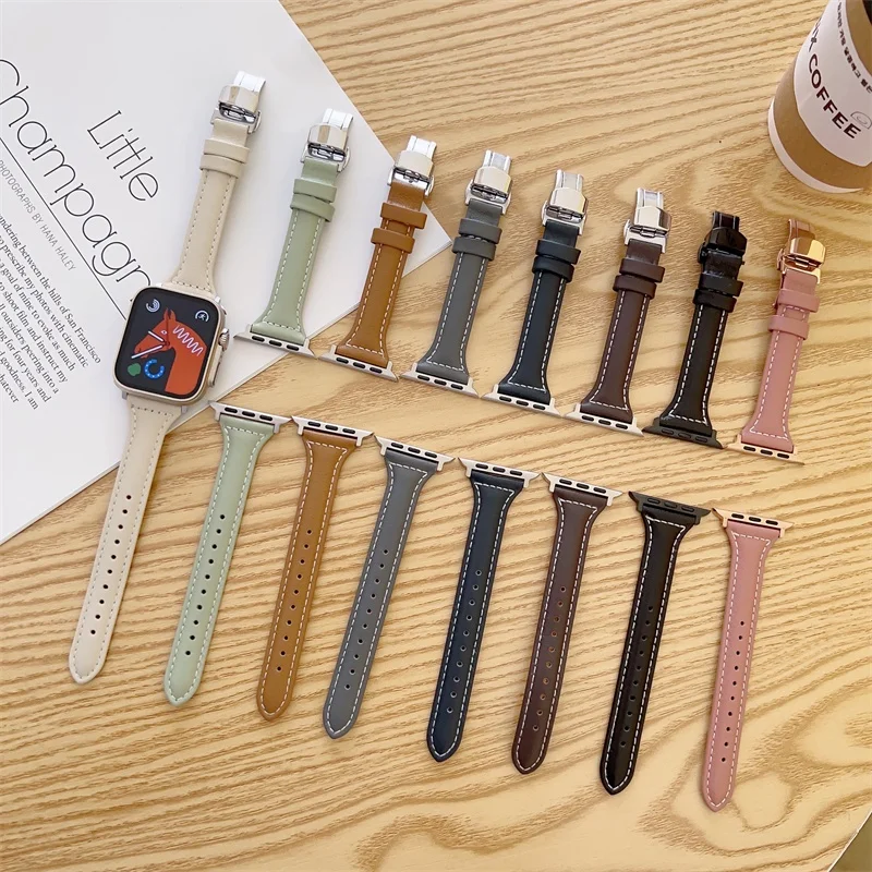 

Ремешок из натуральной кожи для iWatch Series Ultra 8 7 6 SE 5, тонкий Простой браслет для Apple Watch 49 мм 45 мм 41 мм