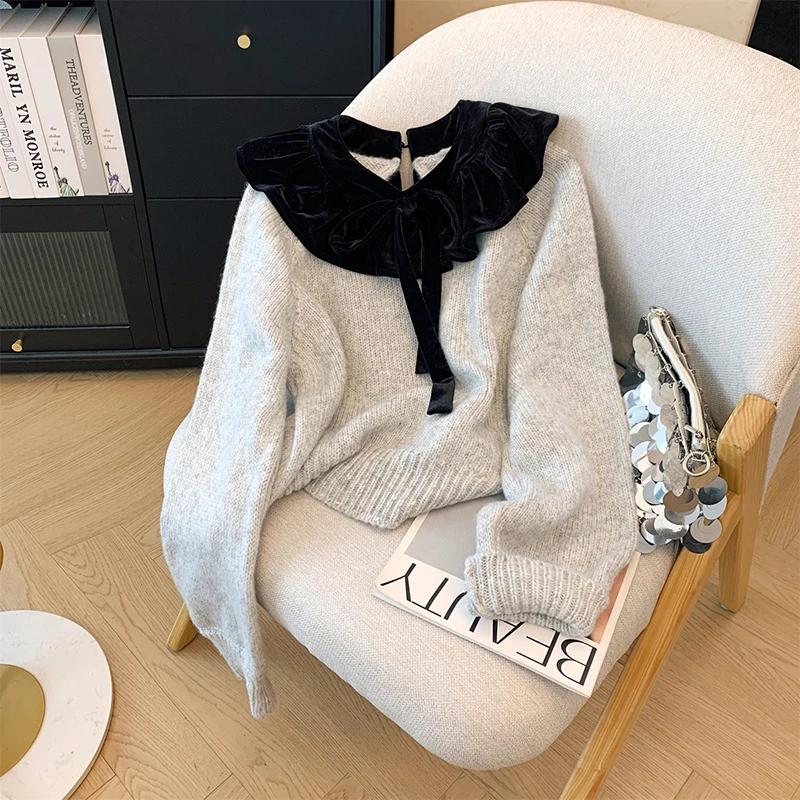 

Korean Fashion Vintage Bow Sweater Women Lace Collar Patchwork Loose Knitted Pullovers Long Sleeve Casual Jumpers