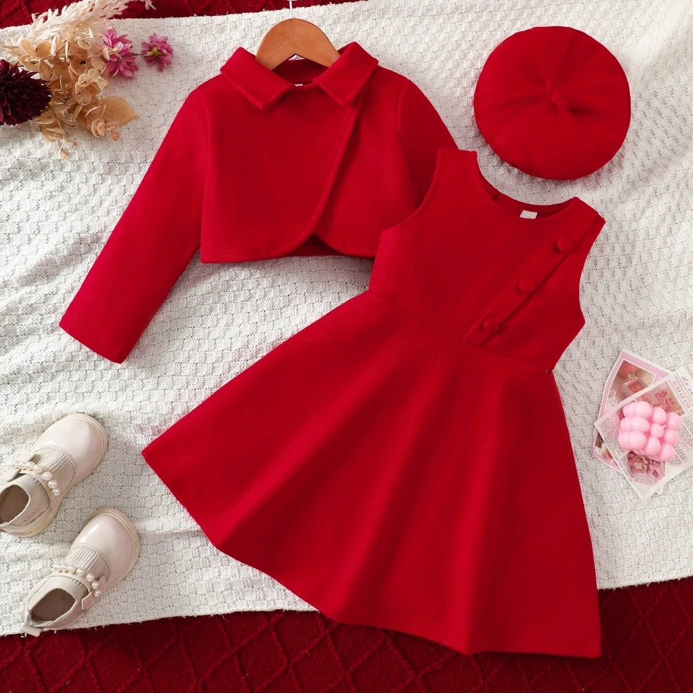 

2025 Детская одежда для девочек, осенне-зимняя твидовая куртка с рождественским бантом + жилетное платье + берет, комплект из трех предметов для 2, 3, 4, 5, 6 7 лет