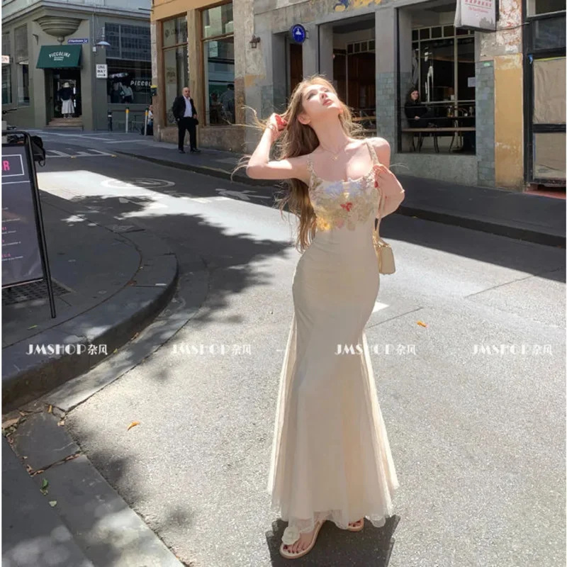 Fashion Floral Embroidery Lace Long Dress Women Elegant Sexy Slim Fit Mesh Sling Robes 2025 Summer New Vacation Beach Party Robe