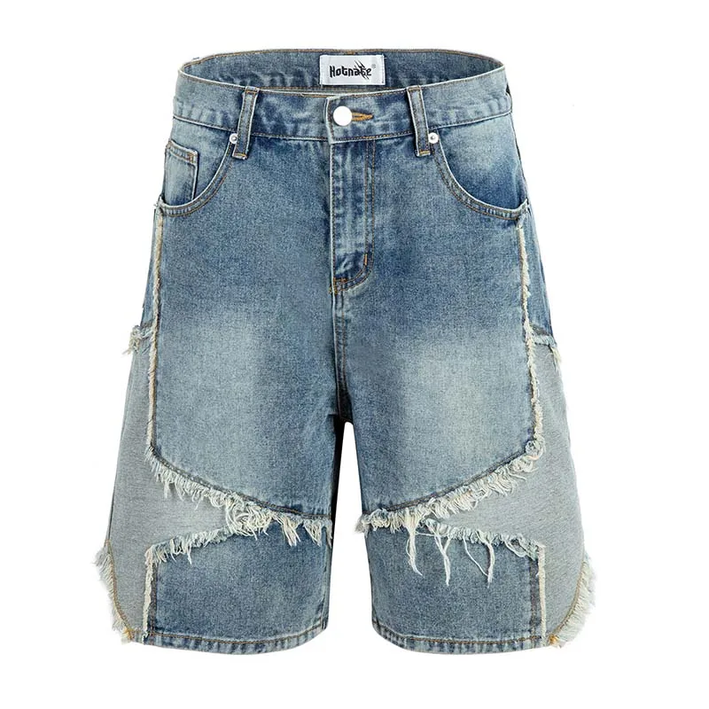 Hi Street Distressed Casual Denim Shorts Blue Streetwear Washed Jeans Shorts For Male Patchwork