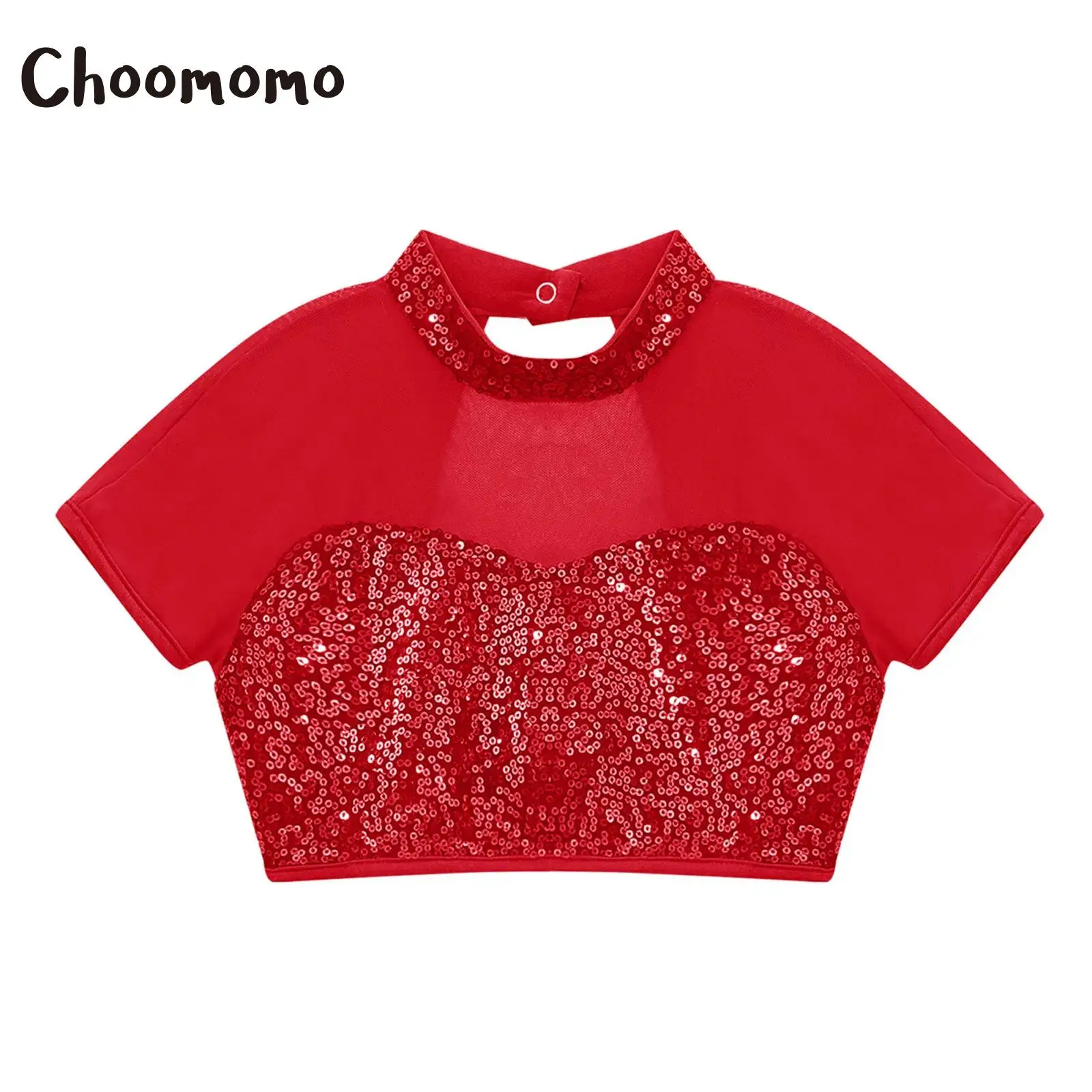 

Girls Jazz Hip-hop Dance Tops Short Sleeve Mesh Shiny Sequin Dance Crop Top And Skirt Athletic Ice Skating Cheerleading Costume