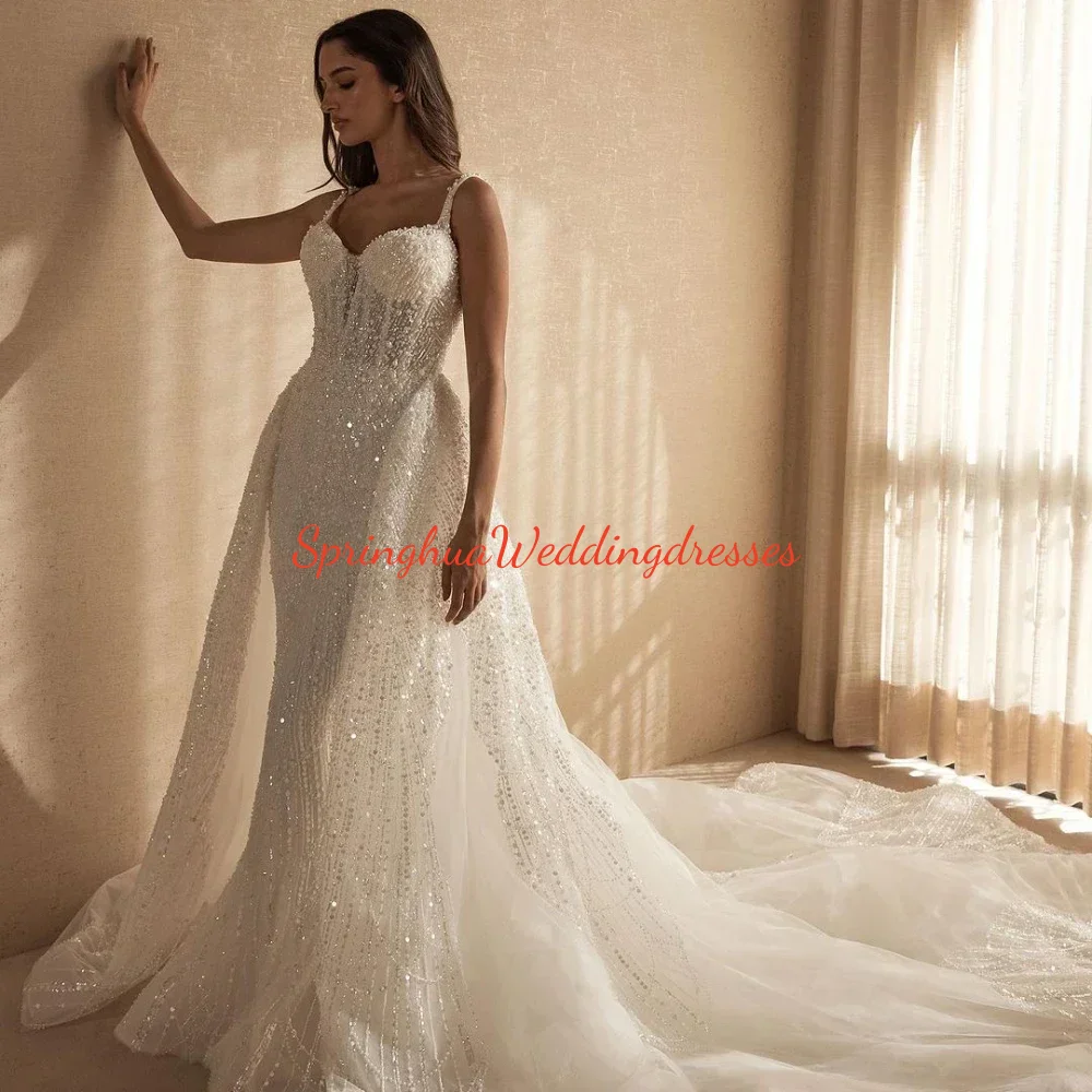 

Customized Beaded Wedding Dresses Mermaid Spaghetti Sexy Backless Detachable Train Brides Dresses