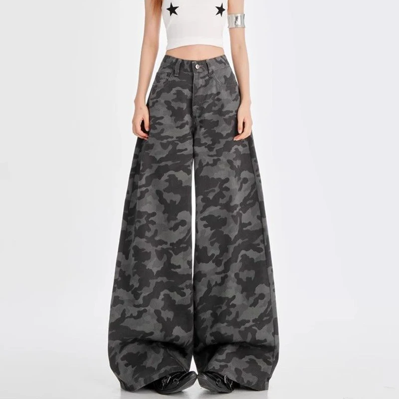 Nova alta rua senhora calças de cintura alta feminino retro camuflagem calças largas perna meninas chique designer calças largas