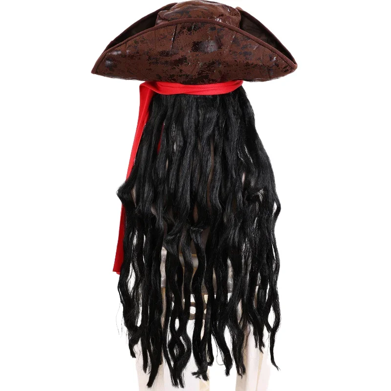 Halloween Pirate Costume Accessory Set Long Black Curly Wig Medieval Pirate Hat Carnival Masquerade Fancy Dress Party Props image 5