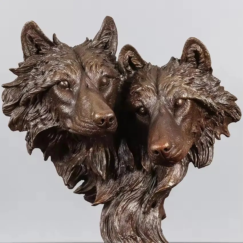 

Couple Wolves Head Bronze Statue Wild Animal Wolf Sculpture Art Home Office Table Decor Ornament