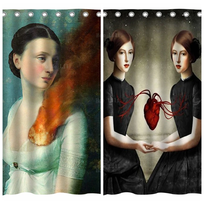 Portrait Of Twin Heart Girl Therapeutic Relationship Vintage Art Pop Surrealism Painting Shower Curtains By Ho Me Lili