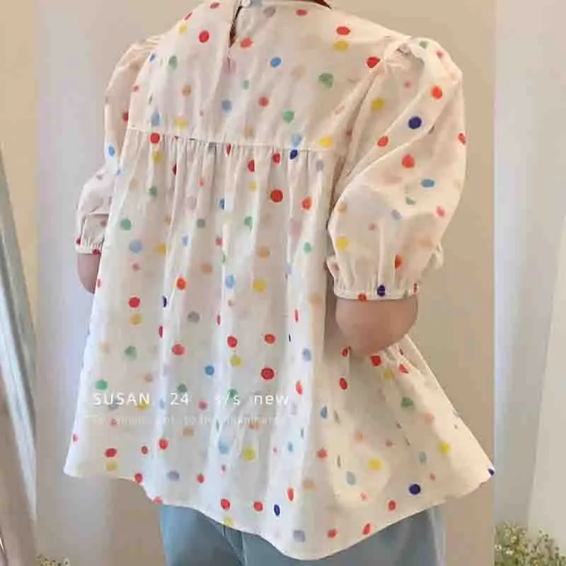 New Fashion Dot Printing Women Blouse Casual Loose Short Sleeve Women\'s Shirts Elegant Woman Tops Summer Female Clothes 1975