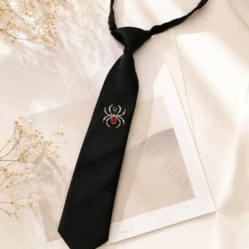 R7UF Halloween Costume Tie Black Polyester Necktie with Quick Wear Elastic Hook Closure Cosplay Neckwear for Party Stage Use