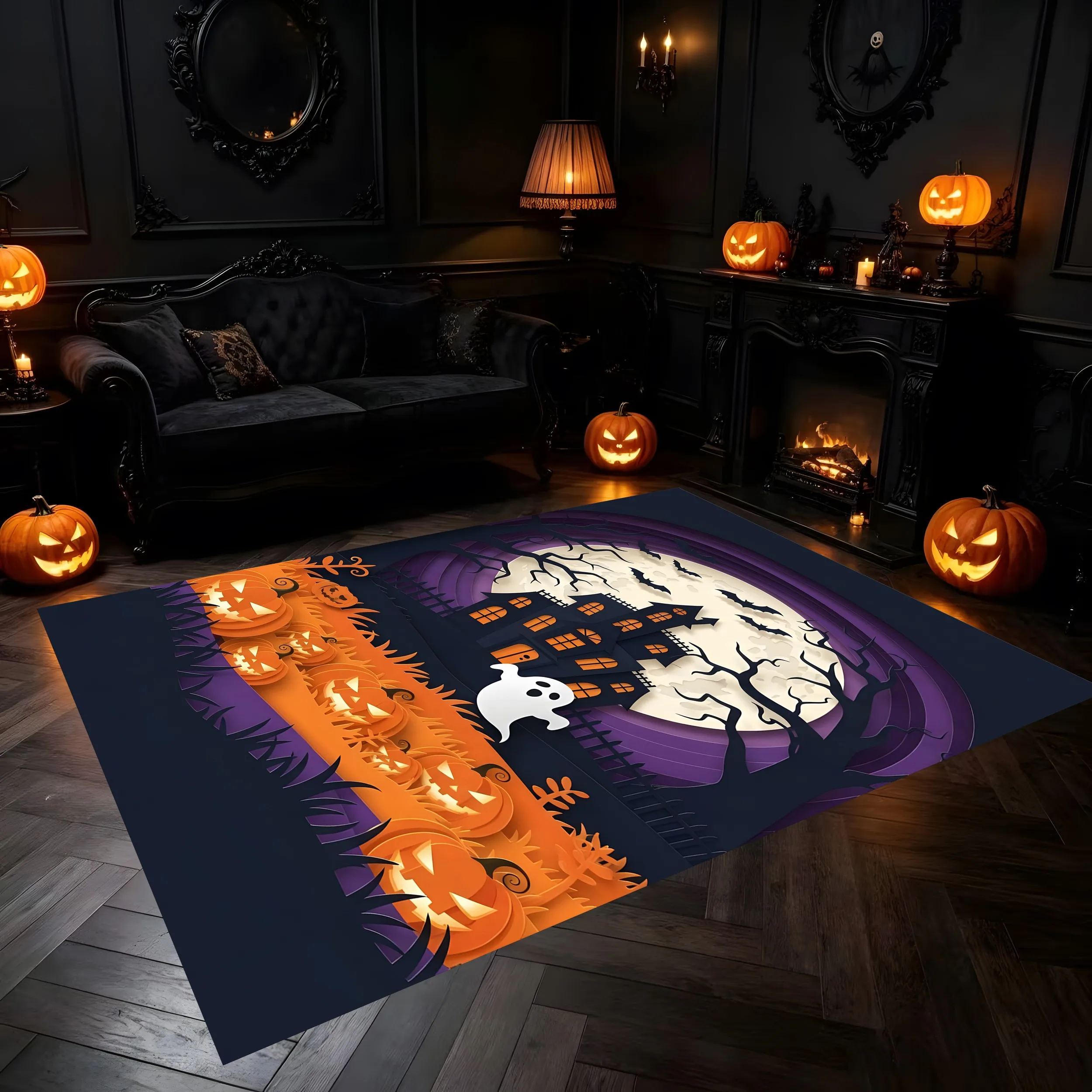 Pumpkin Lantern Ghost Haunted House 2D Area Rug in Quirky Halloween Style for Home, Halloween Party Decor