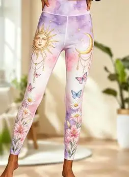 Women Mid‑Rise Fleece Lined Leggings Galaxy Moon Face Butterfly Floral Print Slim Stretch Thermal Pants