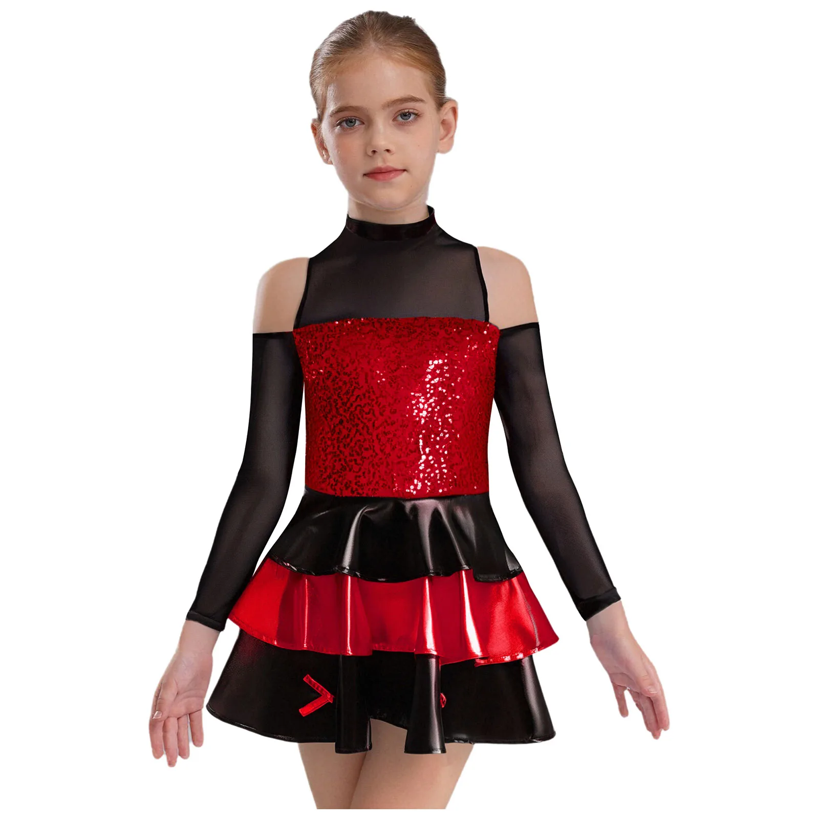 Robe de danse pour filles, Patchwork, valse, Jazz, salle de bal, manches longues, brillante, à plusieurs niveaux, à volants, Mini robe pour vêtements de danse sur scène Jazz