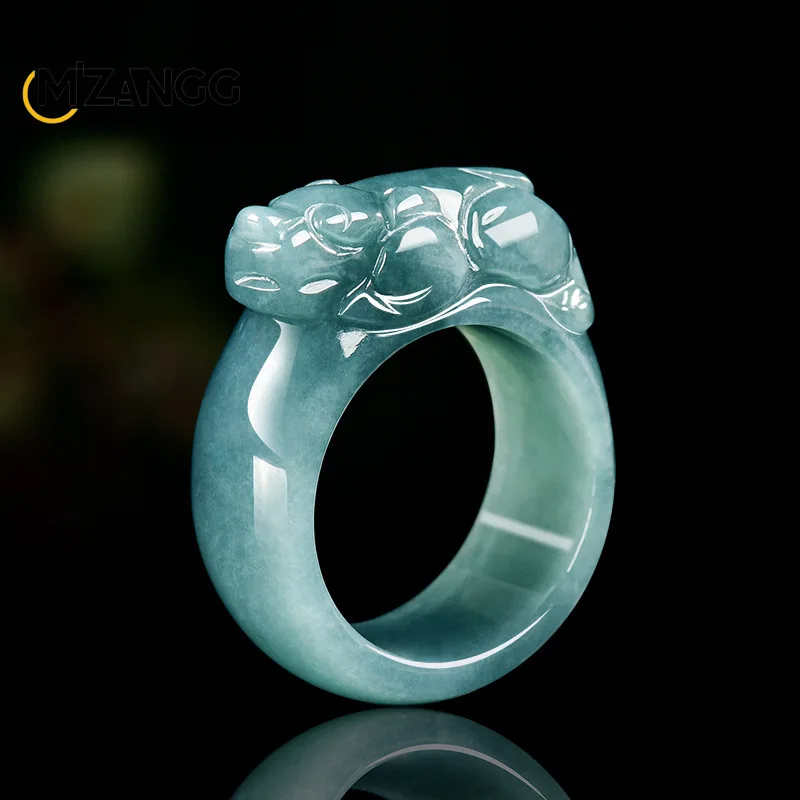 Genuine Natural A-goods Jadeite Blue Water PiXiu Ring Luxury Fashion Charm Men and Women Holiday Gift